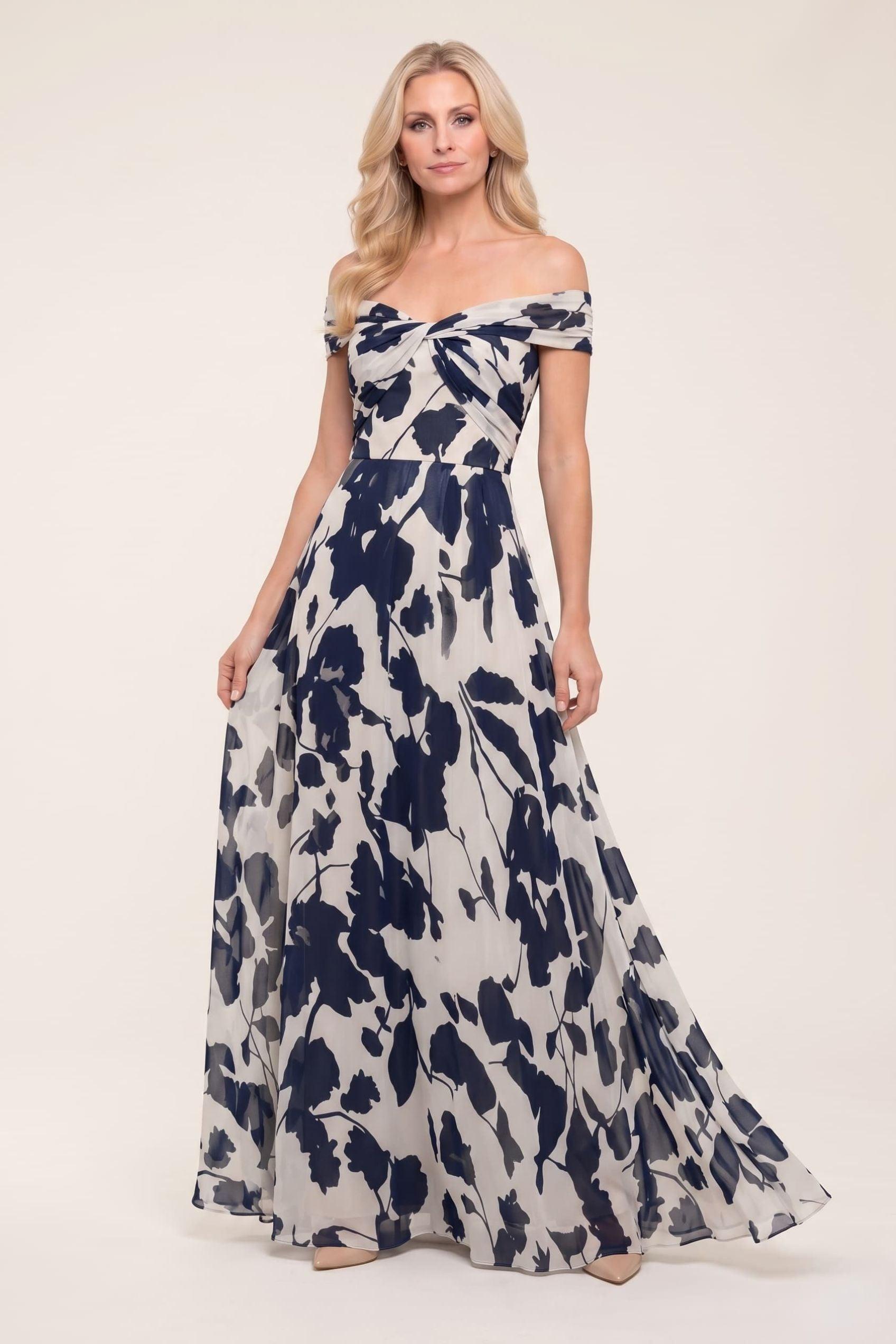 A-Line Maxi Printed Chiffon Mother of the Bride Dress CM0443 - Dark Navy - COCOMELODY